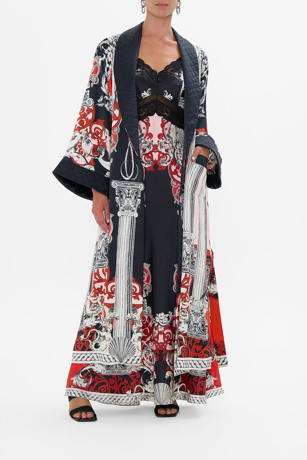 The CAMILLA LONG ROBE WITH FLARED SLEEVE MARK OF MEDUSA in our MARK OF MEDUSA print.