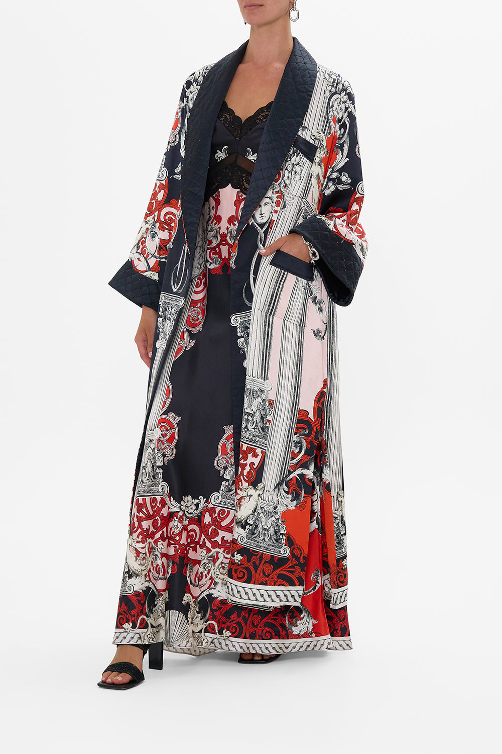 The CAMILLA LONG ROBE WITH FLARED SLEEVE MARK OF MEDUSA in our  print.