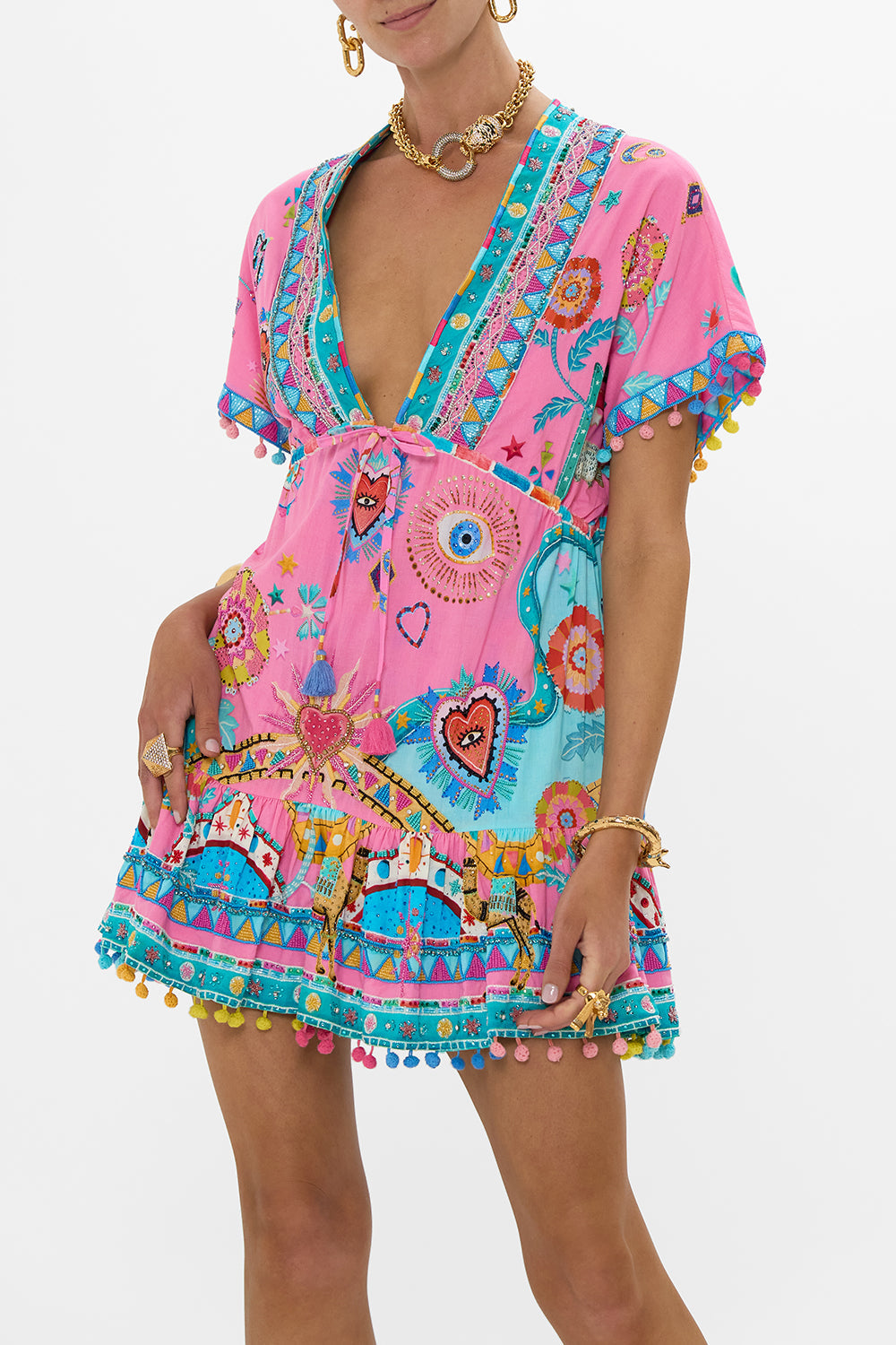 SHORT V NECK EMBROIDERED DRESS RAINBOW ROADS