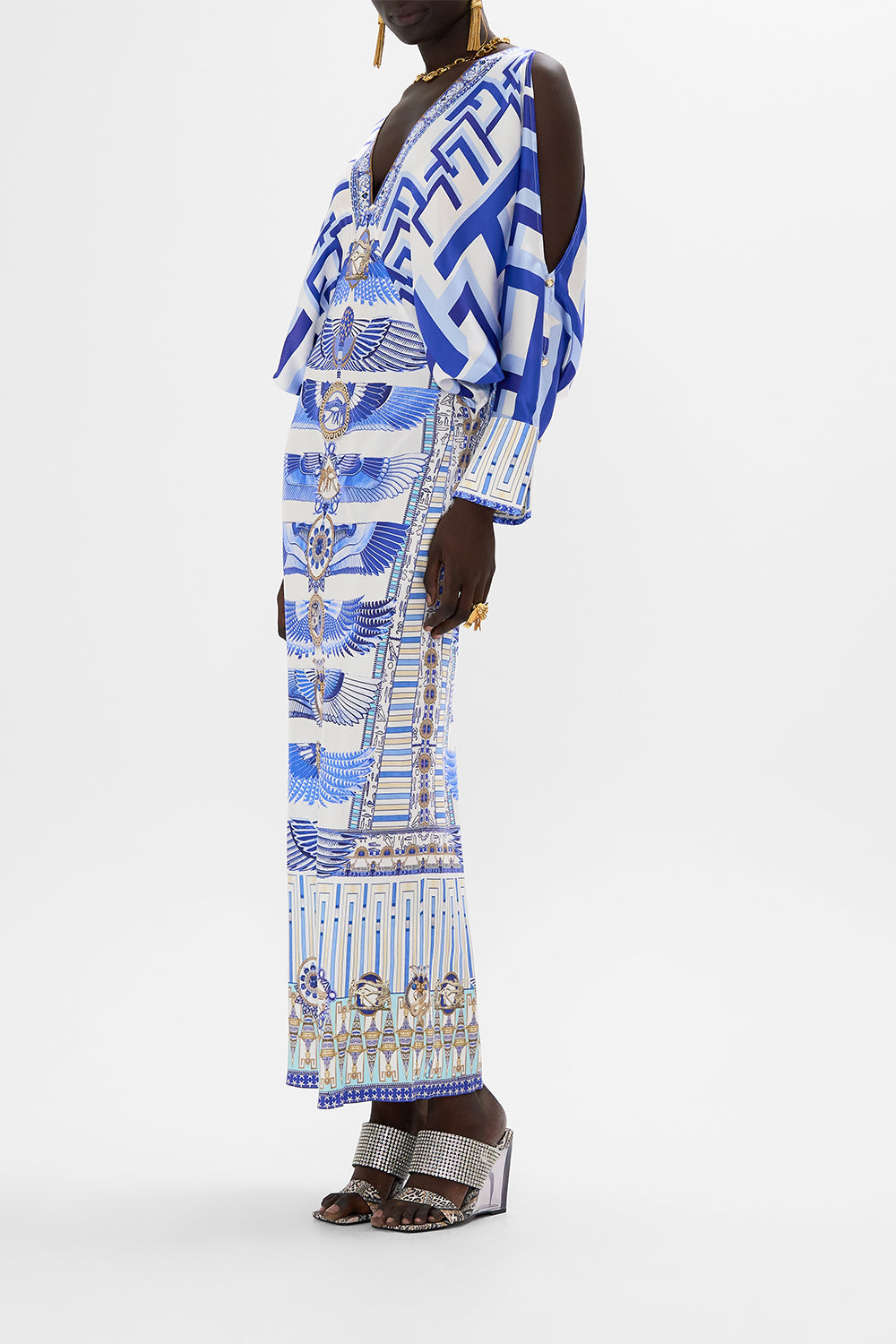 PLUNGE NECK DRAPED SHOULDER DRESS DANCING WITH DAYLIGHT