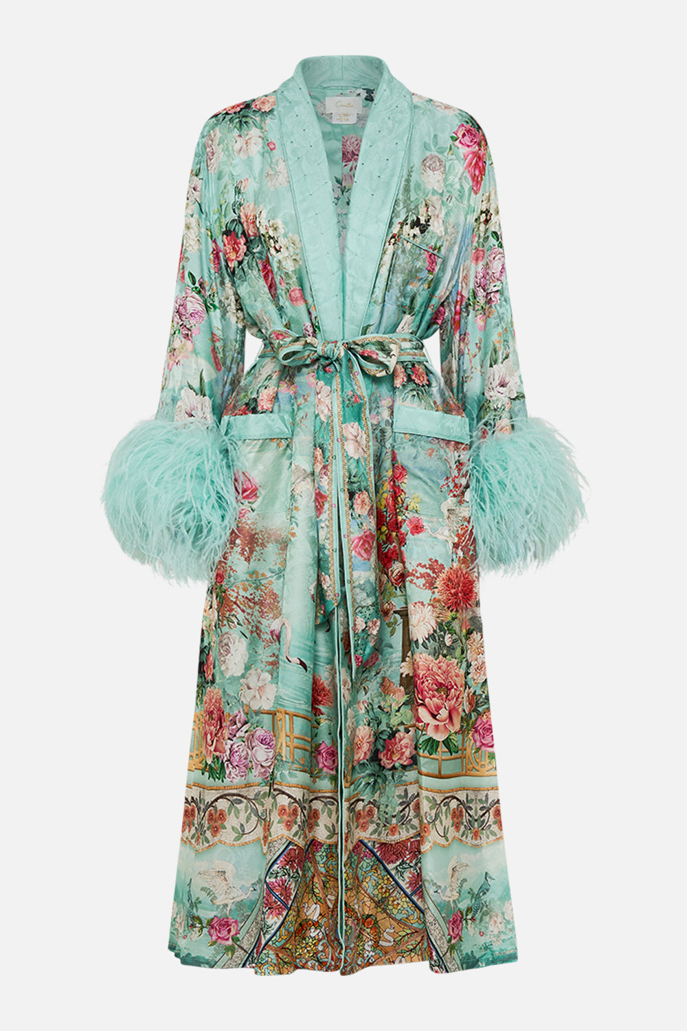 CAMILLA Long robe with flared sleeve in The jewellery museum print.