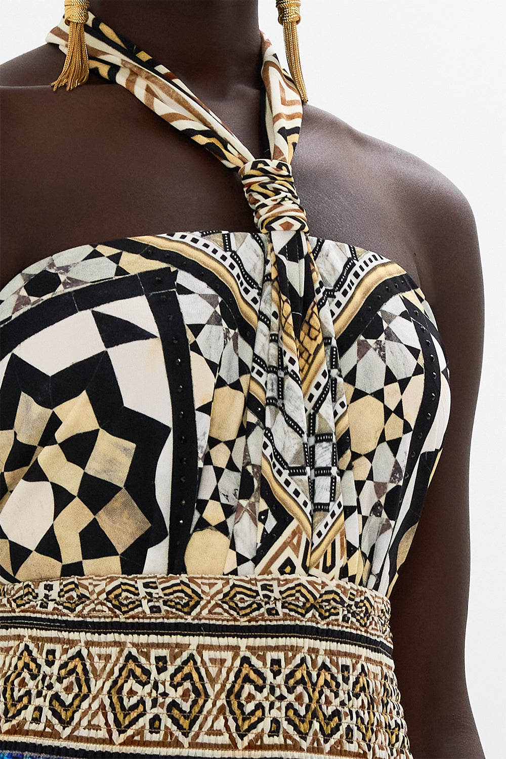 CAMILLA Draped Jersey Halter Top in Make Me Your Mosaic Print