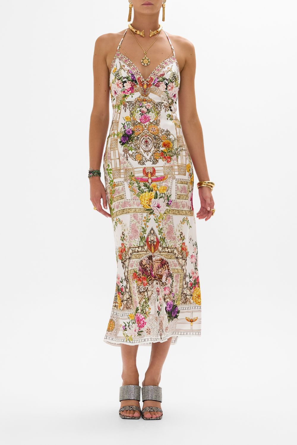 CAMILLA Chain detail slip dress in Egyptian rose print.