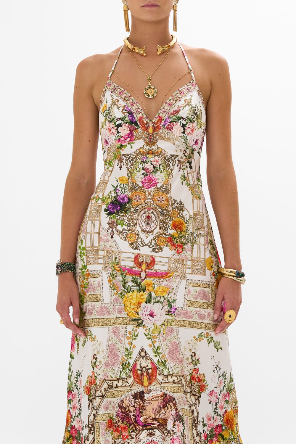 CAMILLA Chain detail slip dress in Egyptian rose print.