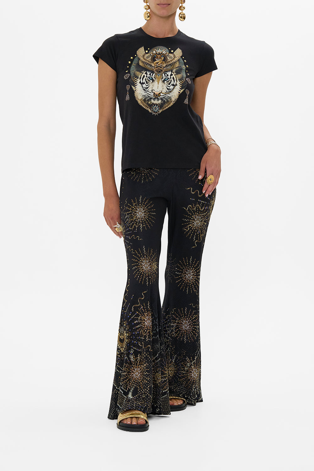 The CAMILLA SLIM FIT ROUND NECK T-SHIRT - BLK/GOLD CALL ME CLEOPATRA in our CALL ME CLEOPATRA print.