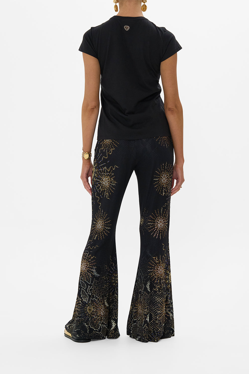 The CAMILLA SLIM FIT ROUND NECK T-SHIRT - BLK/GOLD CALL ME CLEOPATRA in our  print.