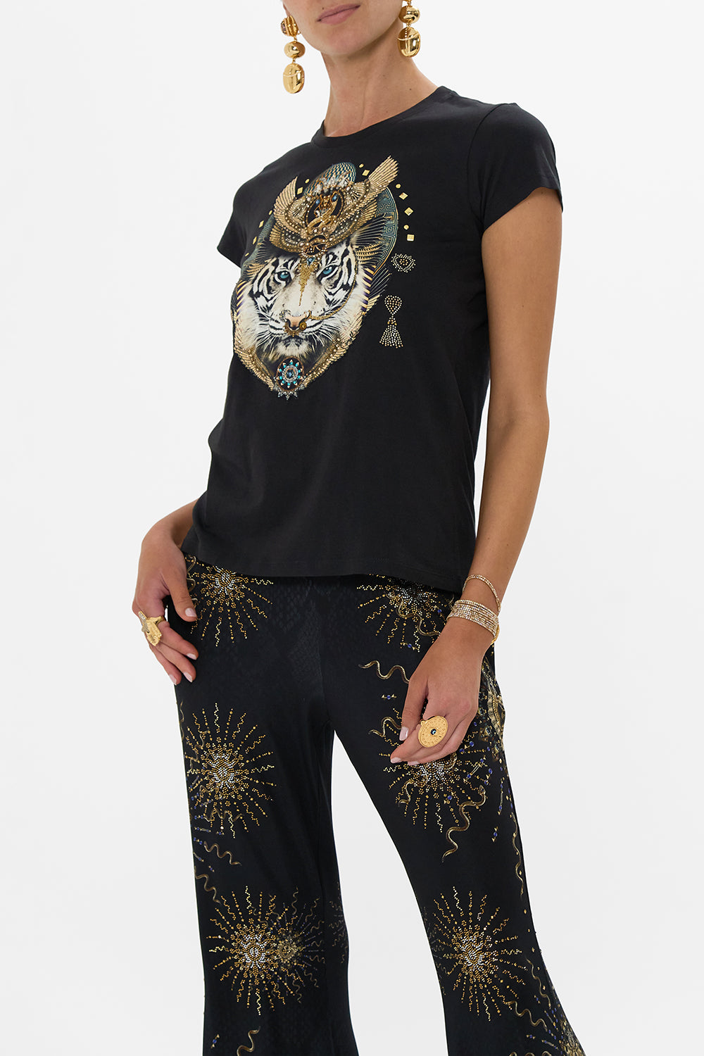 The CAMILLA SLIM FIT ROUND NECK T-SHIRT - BLK/GOLD CALL ME CLEOPATRA in our  print.