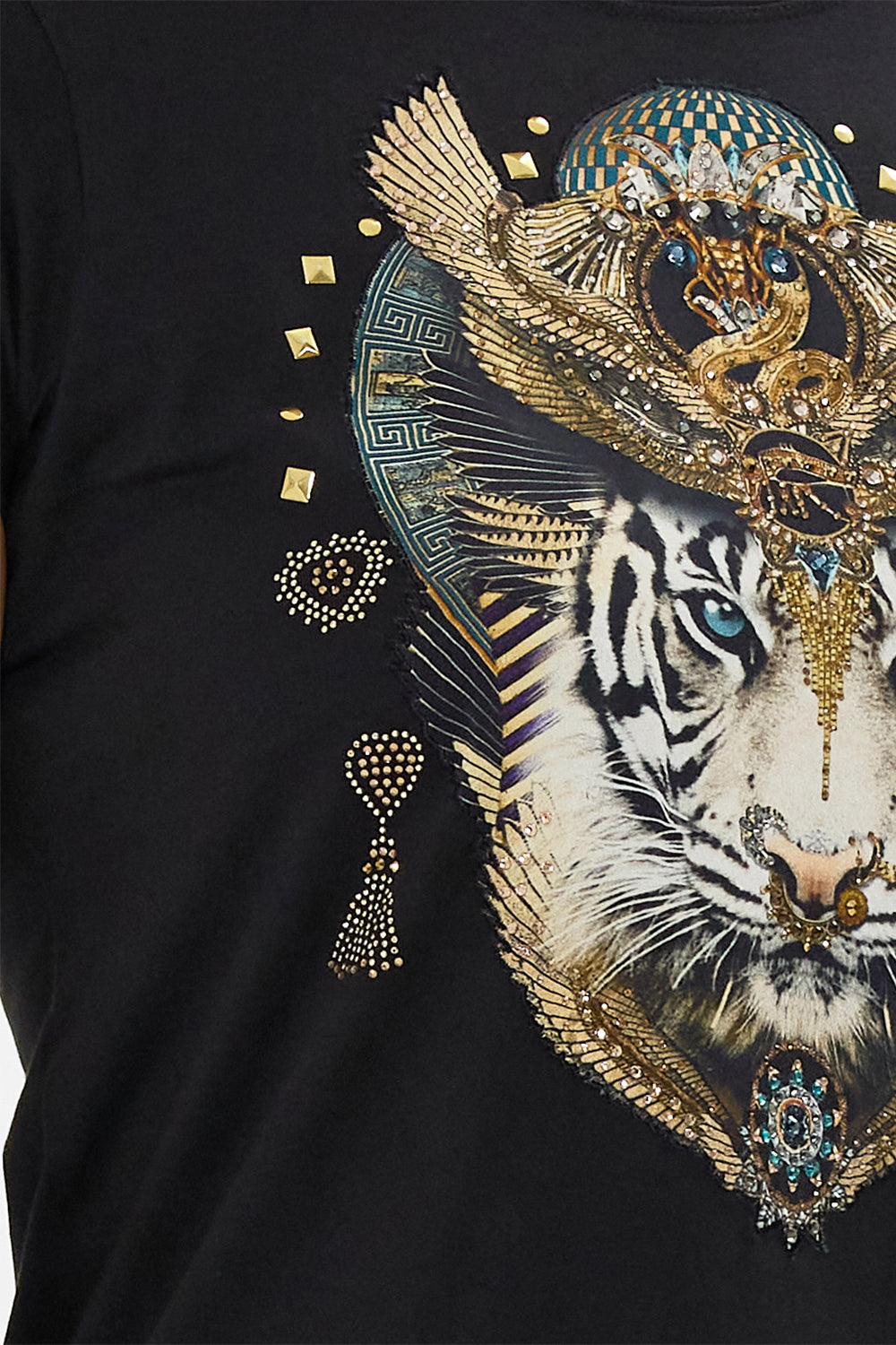 The CAMILLA SLIM FIT ROUND NECK T-SHIRT - BLK/GOLD CALL ME CLEOPATRA in our  print.