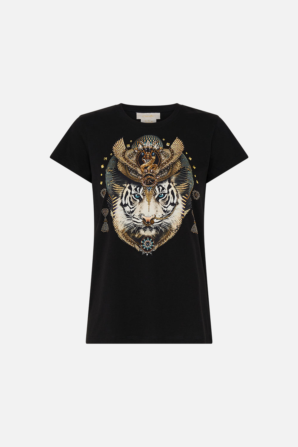 The CAMILLA SLIM FIT ROUND NECK T-SHIRT - BLK/GOLD CALL ME CLEOPATRA in our  print.