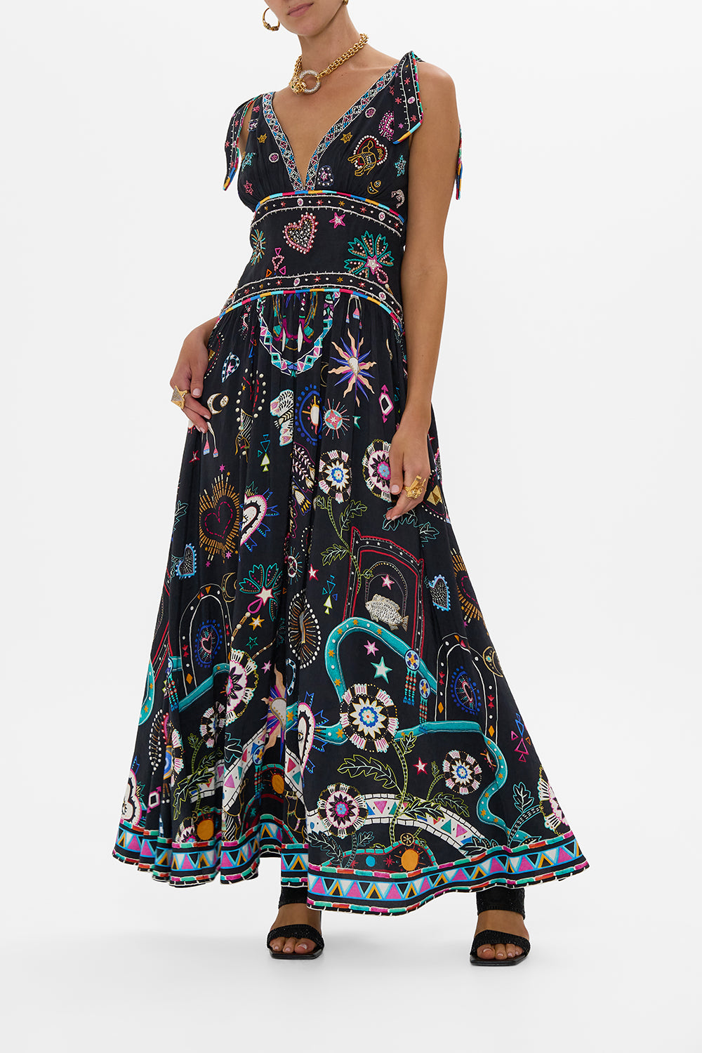 The CAMILLA TIE SHOULDER DRESS NUBIAN NIGHTS in our NUBIAN NIGHTS print.