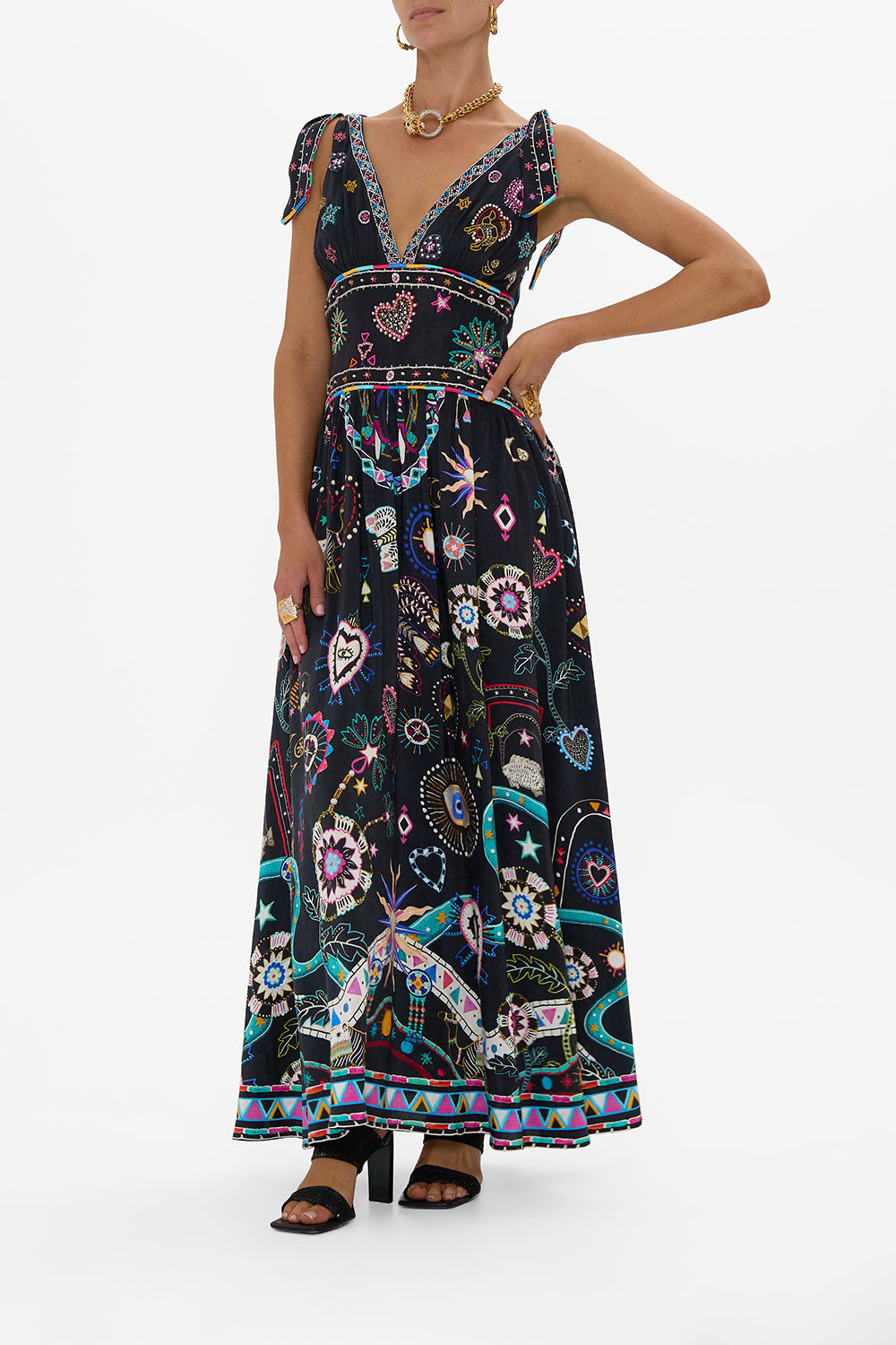 The CAMILLA TIE SHOULDER DRESS NUBIAN NIGHTS in our  print.