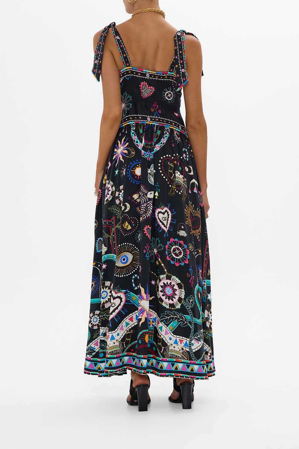 The CAMILLA TIE SHOULDER DRESS NUBIAN NIGHTS in our  print.