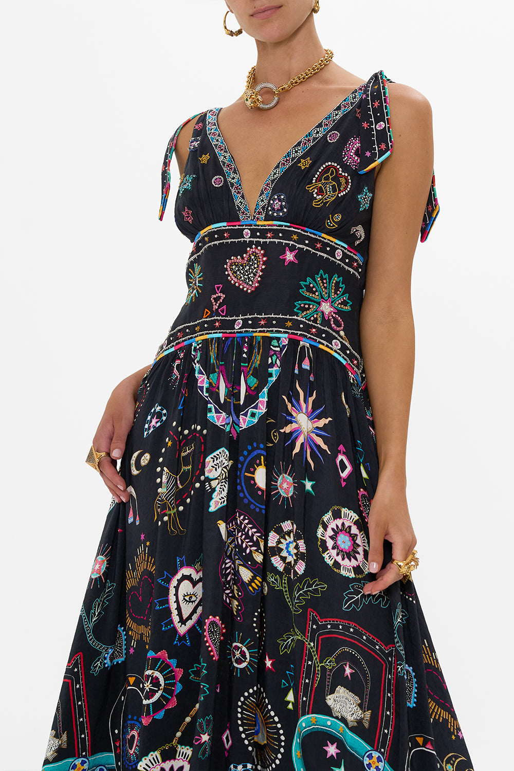 The CAMILLA TIE SHOULDER DRESS NUBIAN NIGHTS in our  print.