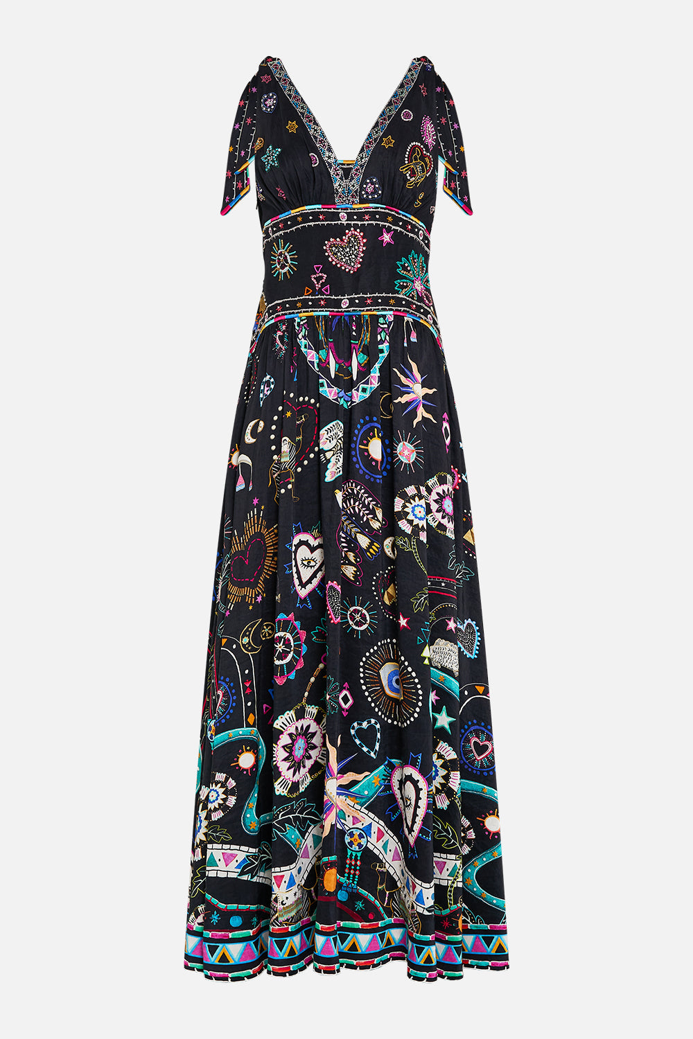 The CAMILLA TIE SHOULDER DRESS NUBIAN NIGHTS in our  print.