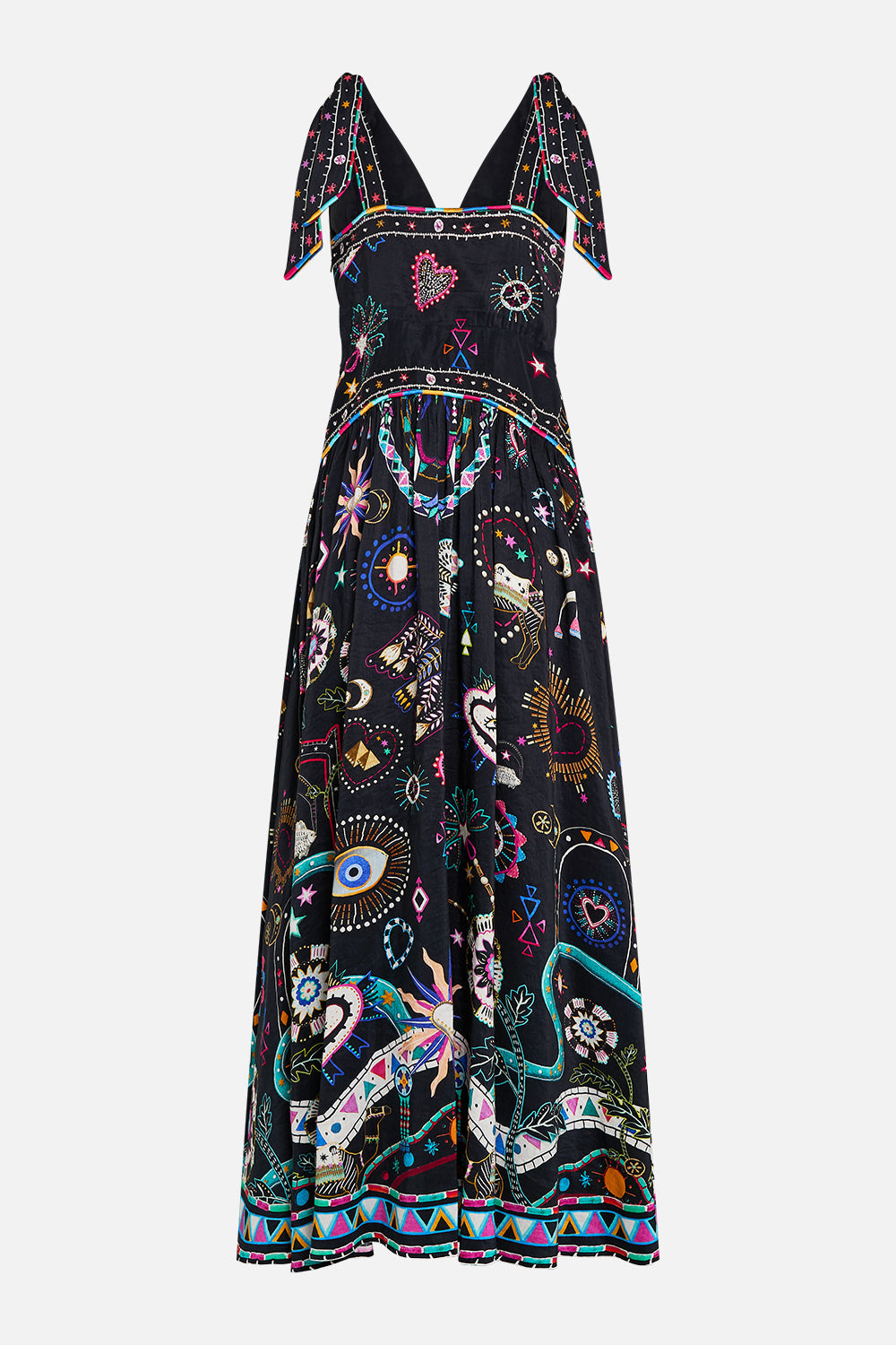 The CAMILLA TIE SHOULDER DRESS NUBIAN NIGHTS in our  print.