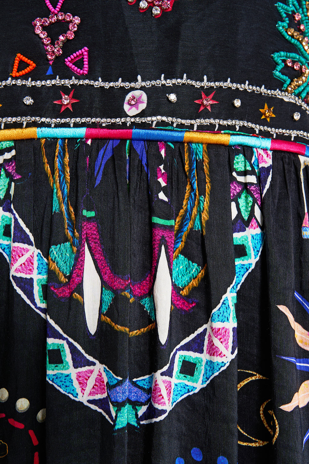The CAMILLA TIE SHOULDER DRESS NUBIAN NIGHTS in our  print.