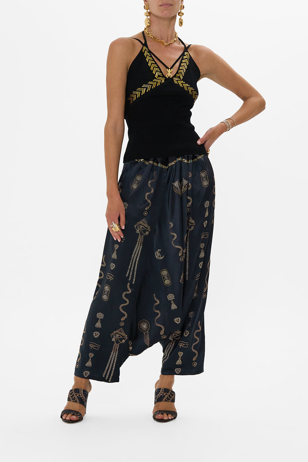 The CAMILLA FITTED KNIT TOP WITH HARDWARE CALL ME CLEOPATRA in our CALL ME CLEOPATRA print.