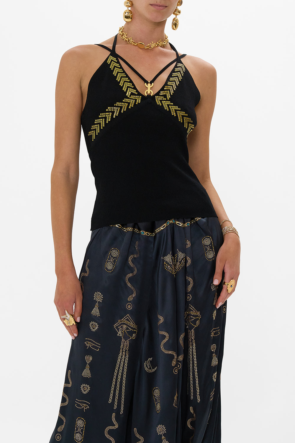 The CAMILLA FITTED KNIT TOP WITH HARDWARE CALL ME CLEOPATRA in our  print.