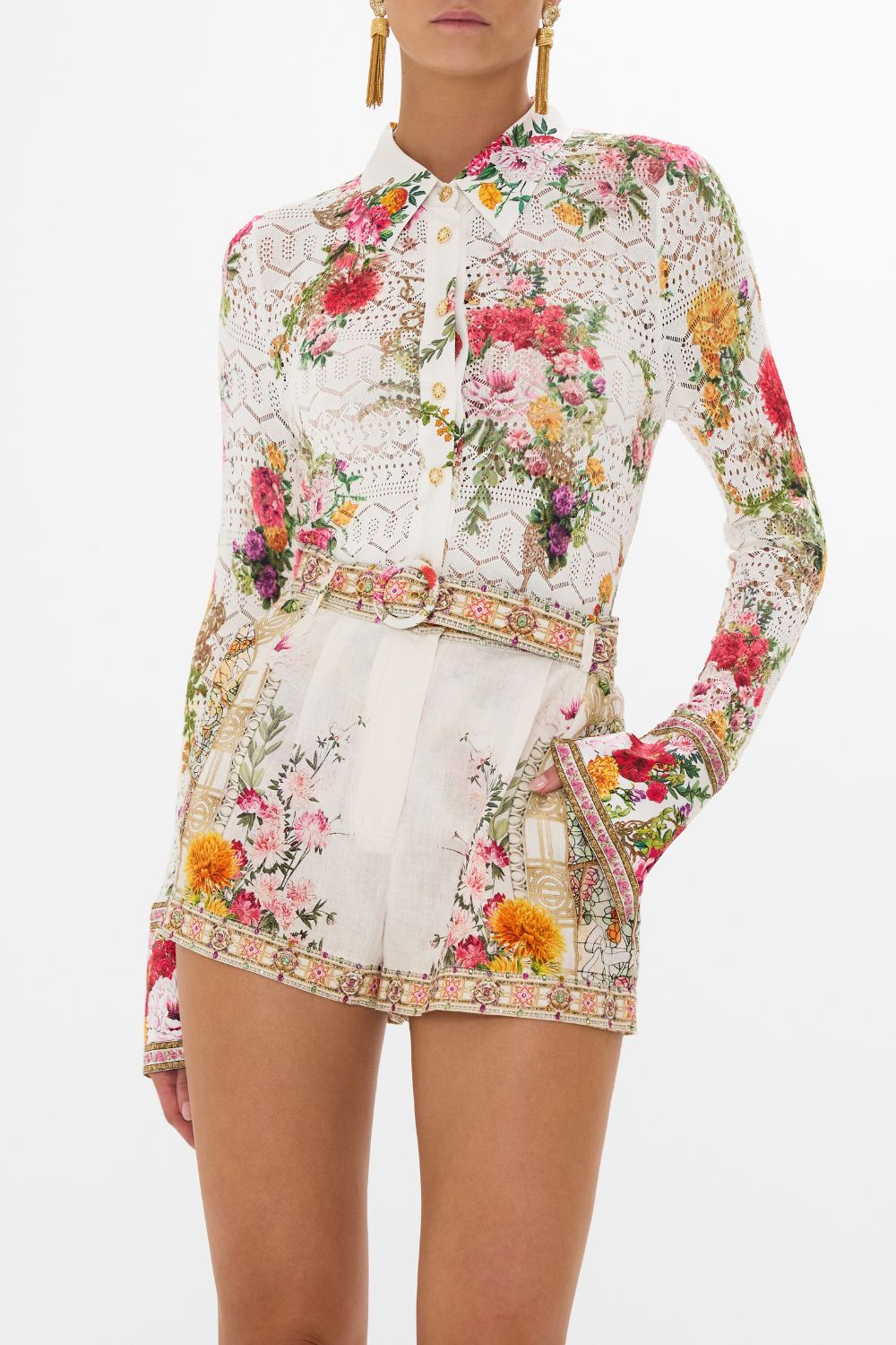 CAMILLA Silk spliced knit shirt in Egyptian rose print.