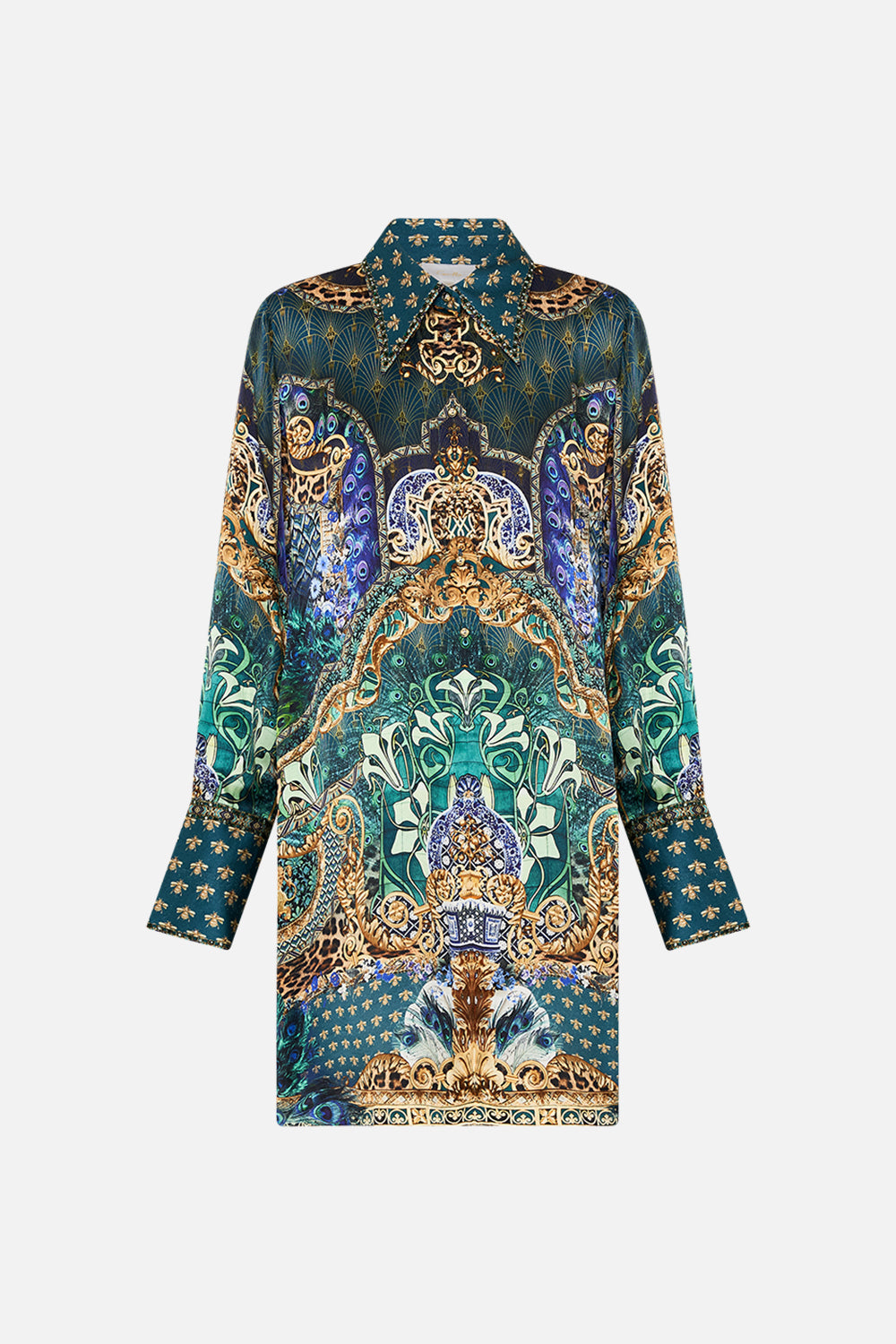 Product view of CAMILLA silk mini shirt dress in Fan Dance print