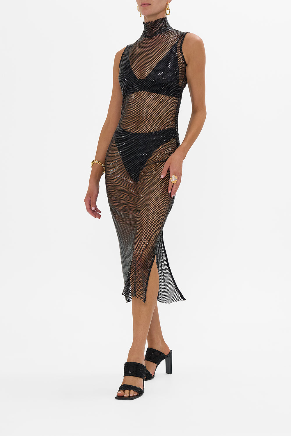 SLEEVELESS TURTLE NECK CRYSTAL MESH DRESS MARK OF MEDUSA