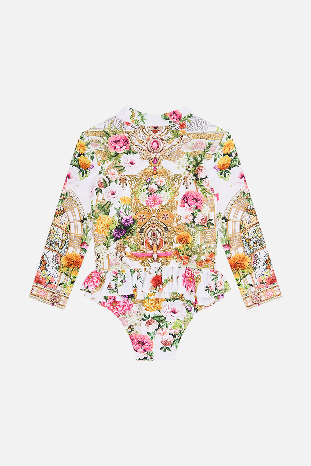 The CAMILLA BABIES ZIP PADDLESUIT WITH FRILLS EGYPTIAN ROSE in our  print.