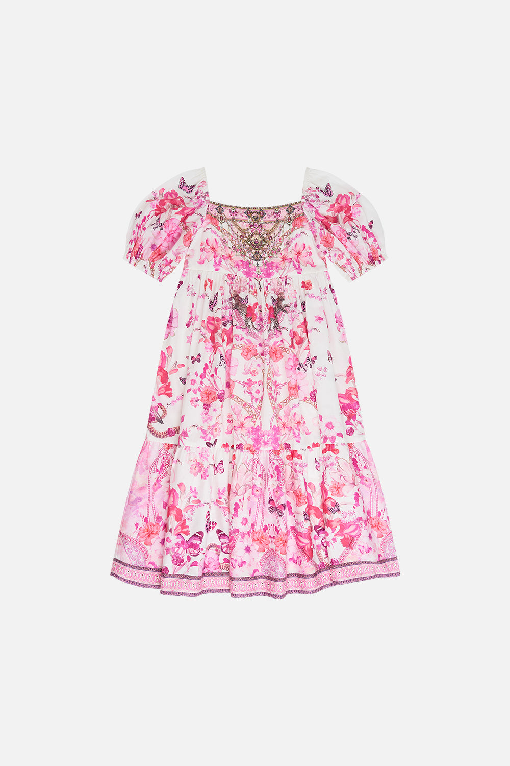 The CAMILLA KIDS MIDI DRESS WITH PUFF SLEEVE 4-10 BOTANICAL NOVELLA in our BOTANICAL NOVELLA print.