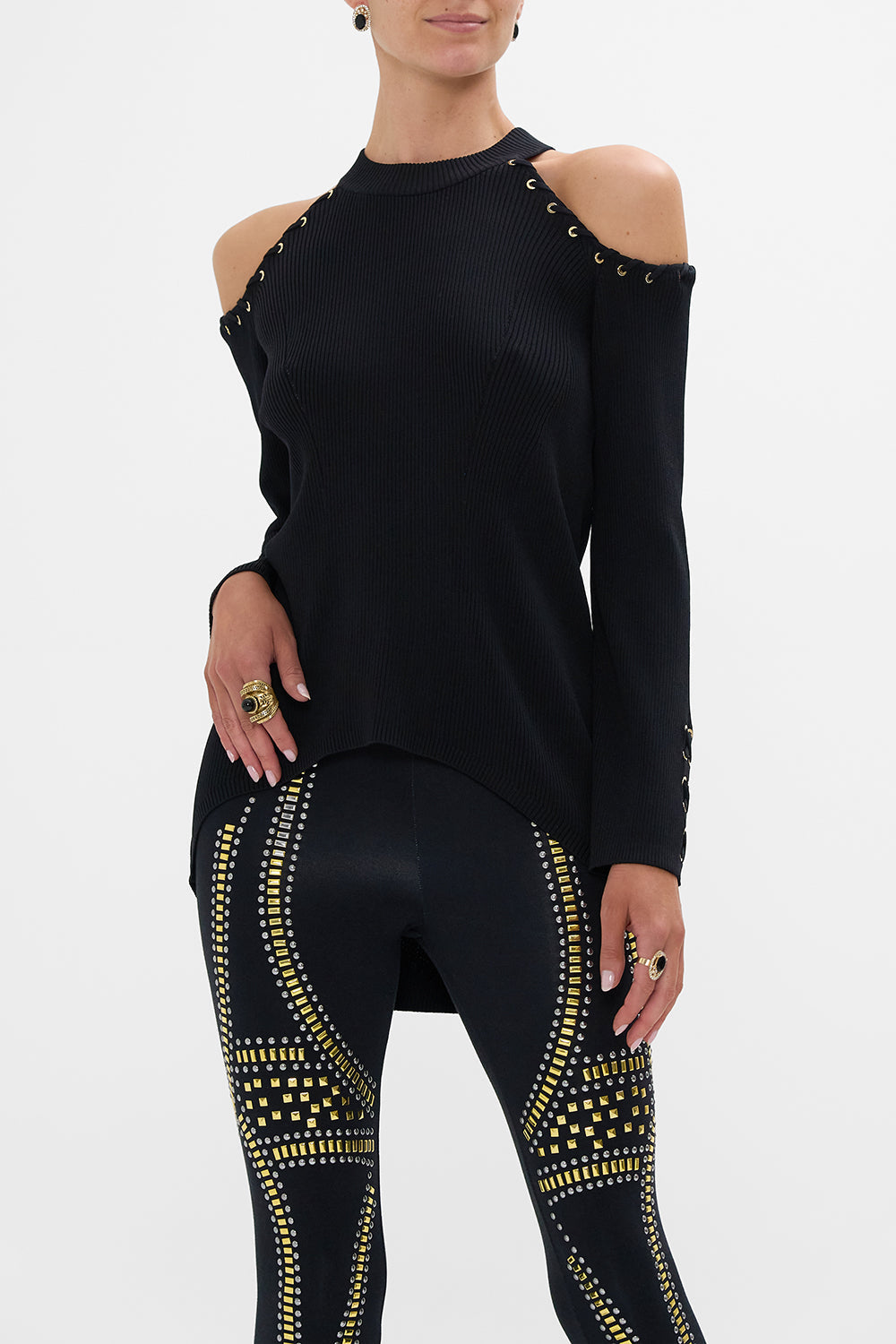 The CAMILLA COLD SHOULDER FLARED SLEEVE KNIT THEY CALLED HER NEFERTARI in our  print.