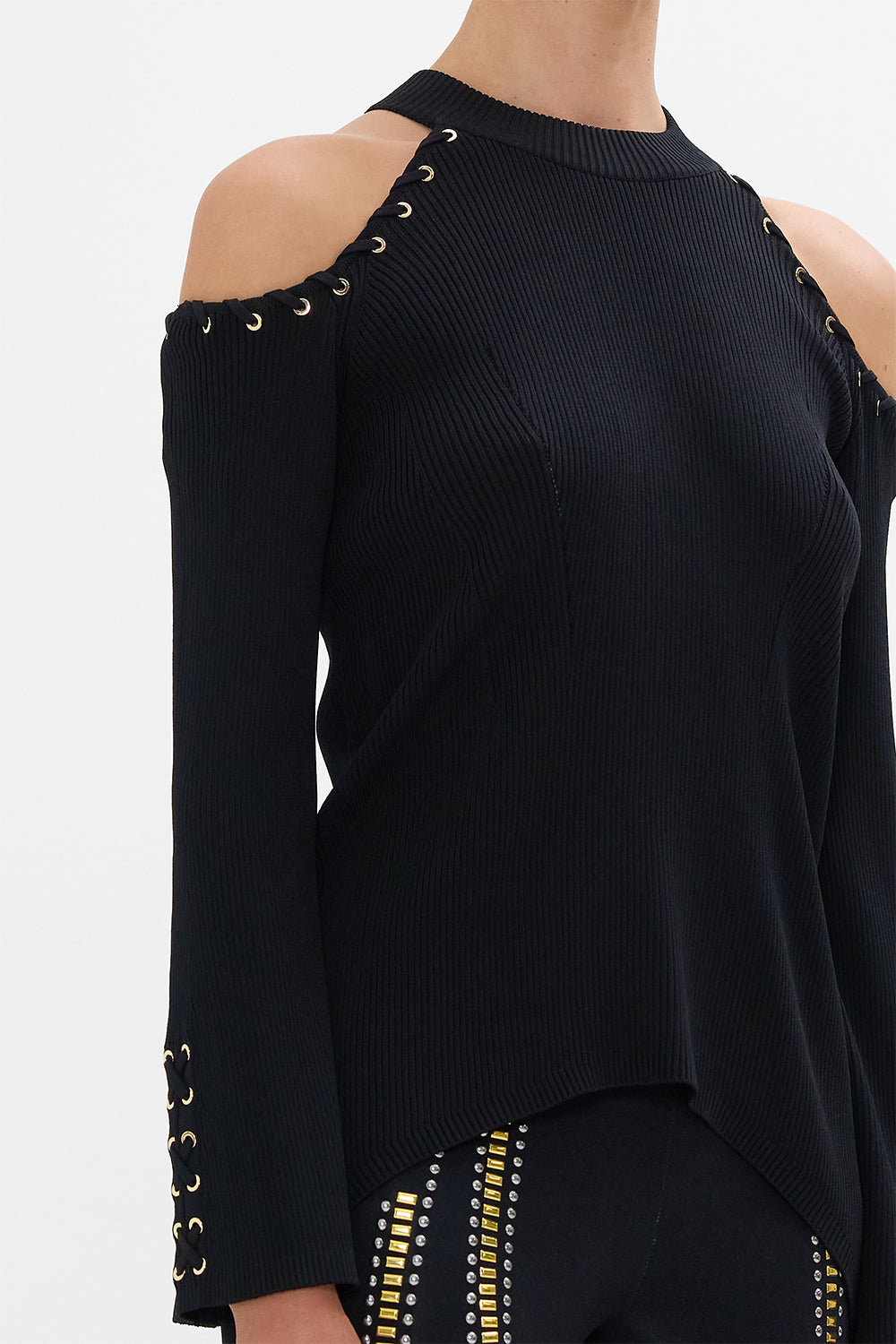 The CAMILLA COLD SHOULDER FLARED SLEEVE KNIT THEY CALLED HER NEFERTARI in our  print.