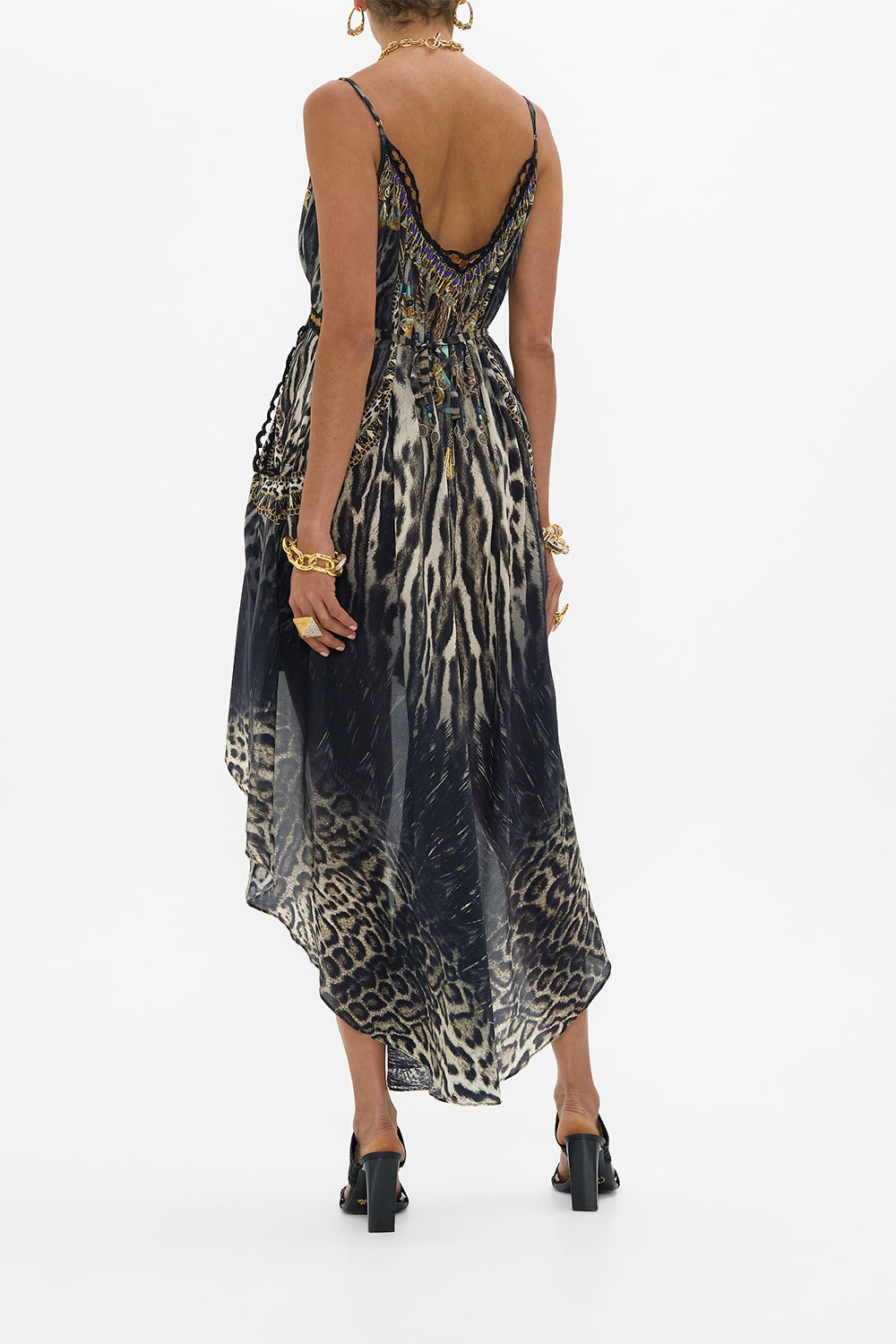 CAMILLA Strappy High Low Dress With Pockets in Cat Worship print. 