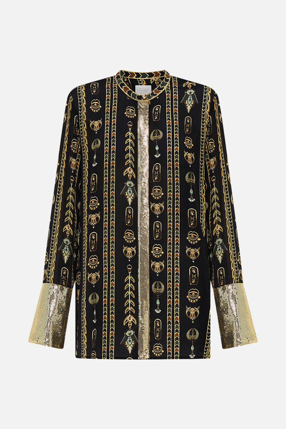 The CAMILLA SHIRT WITH GILDED MESH PLACKET AND CUFFS THEY CALLED HER NEFERTARI in our  print.