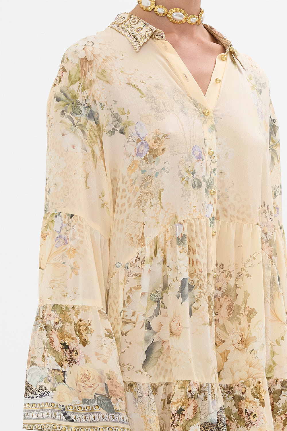 CAMILLA floral tired dress with collar in Adorned in Antiquity print. 