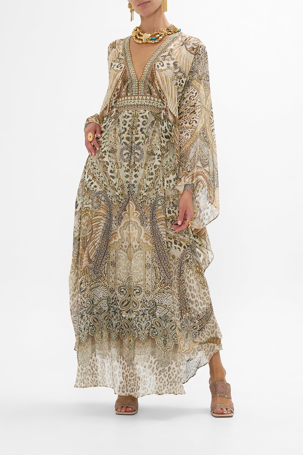 CAMILLA Long Kaftan with Waist Detail in The Throne Room print