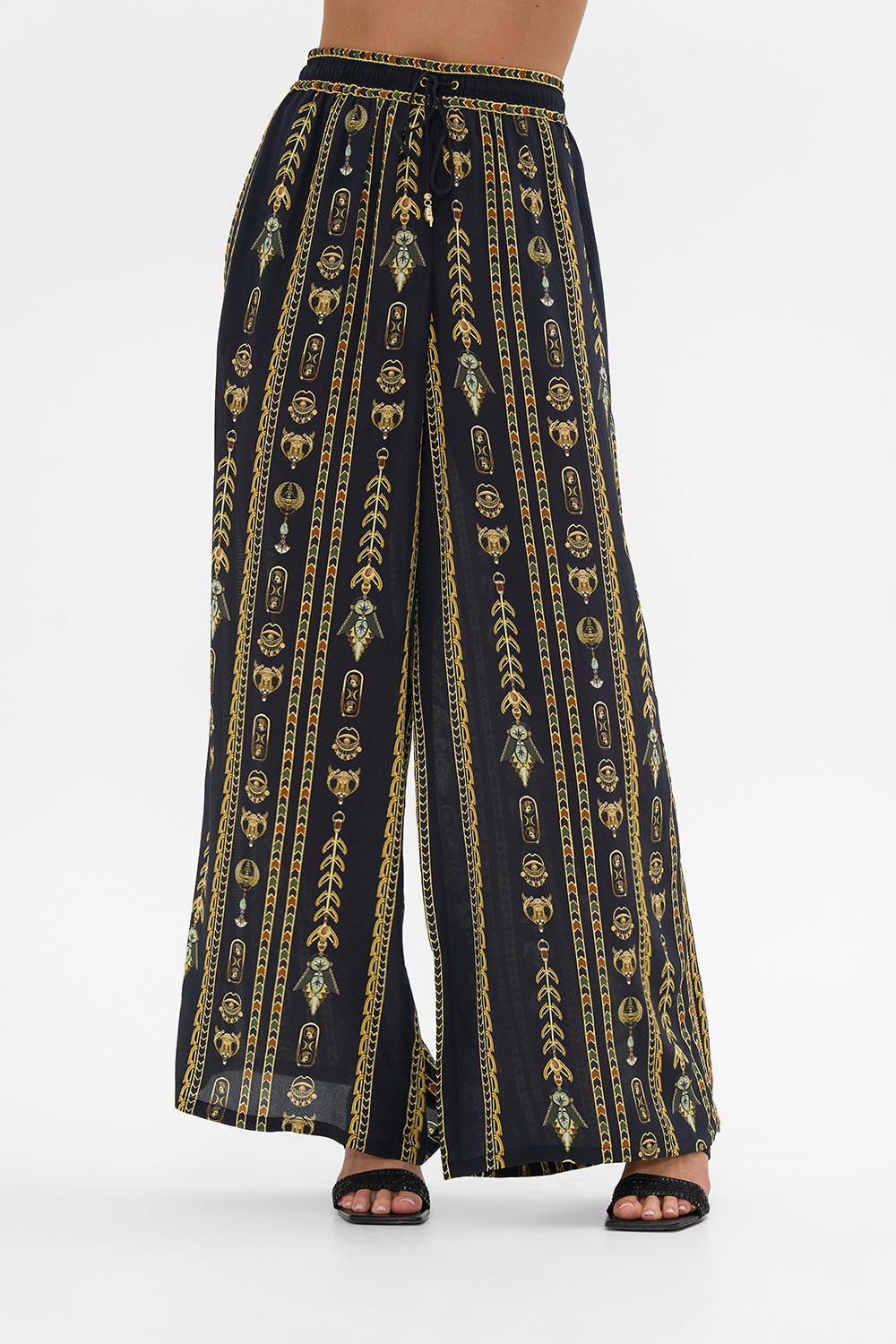 CAMILLA Black/Gold Straight Leg Pant in They Called Her Nefertari print