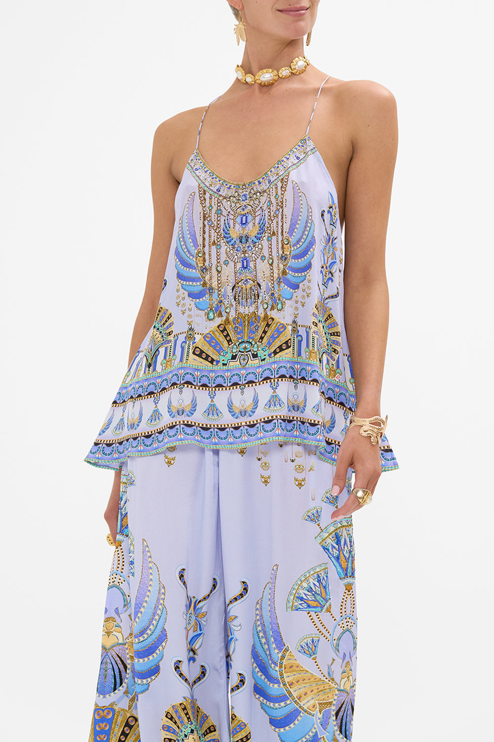 CAMILLA Lilac T-Back Shoestring Top in Under Scarab Skies print