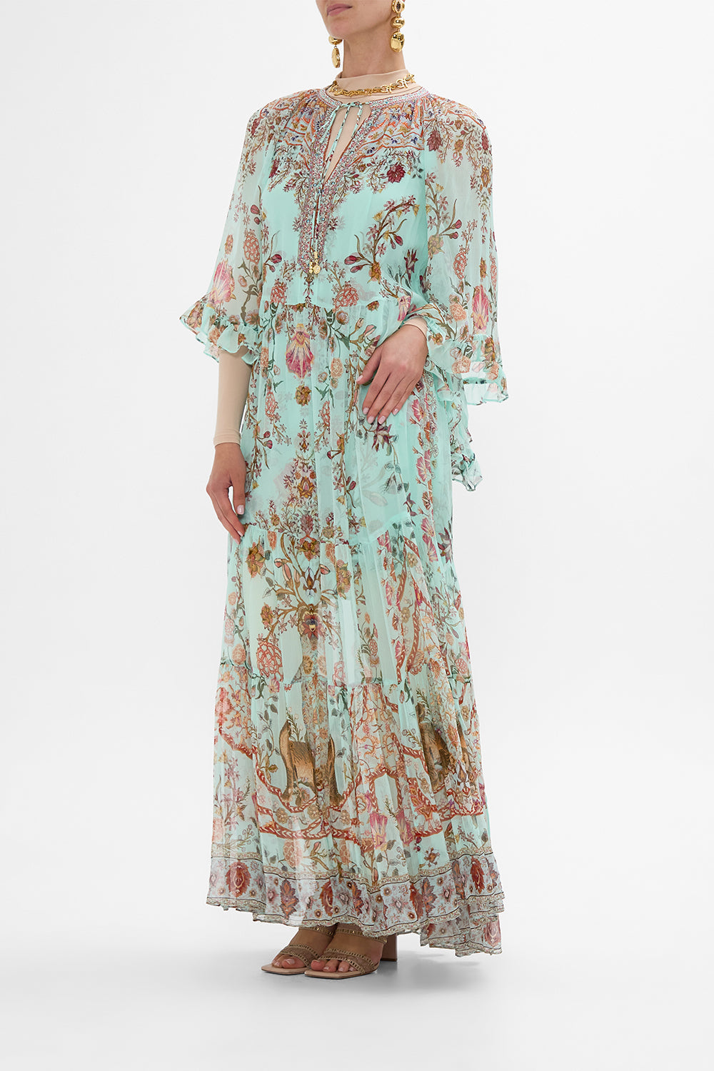 CAMILLA Wide Sleeve Gathered Dress in Weaving Worlds print