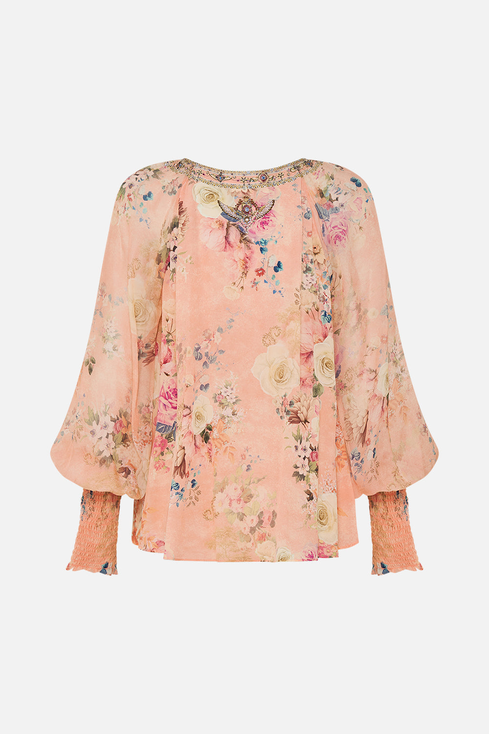 CAMILLA Floral Shirred Cuff Blouse in The Jewellery Palace print. 