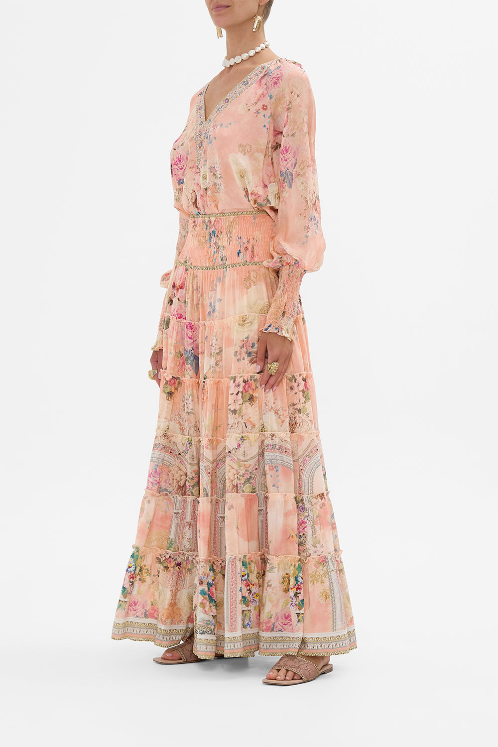 CAMILLA Floral Shirred Cuff Blouse in The Jewellery Palace print. 