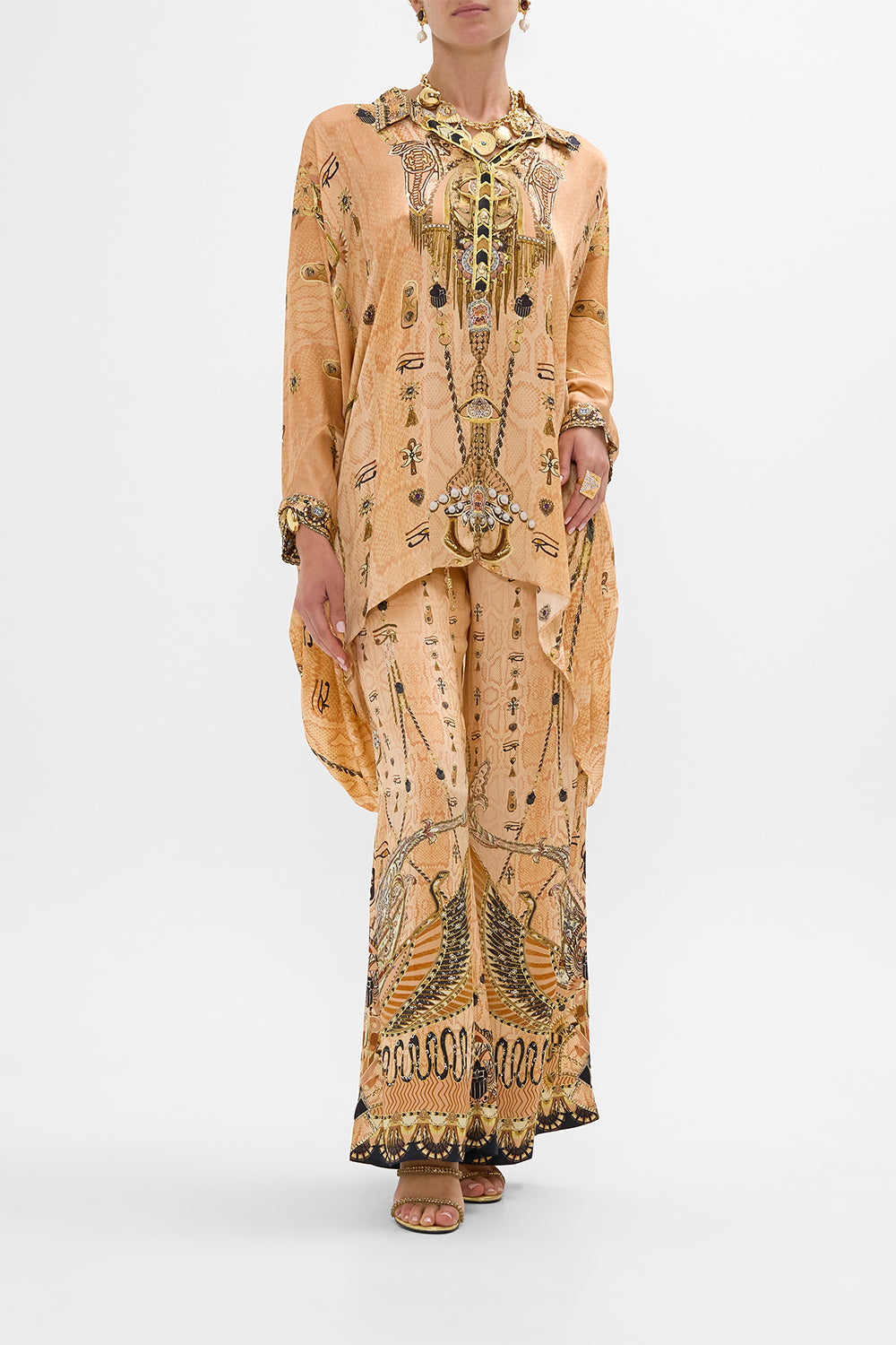 CAMILLA Gold Button Up Top with Draped Back in Kingdom of Hieroglyphs Print