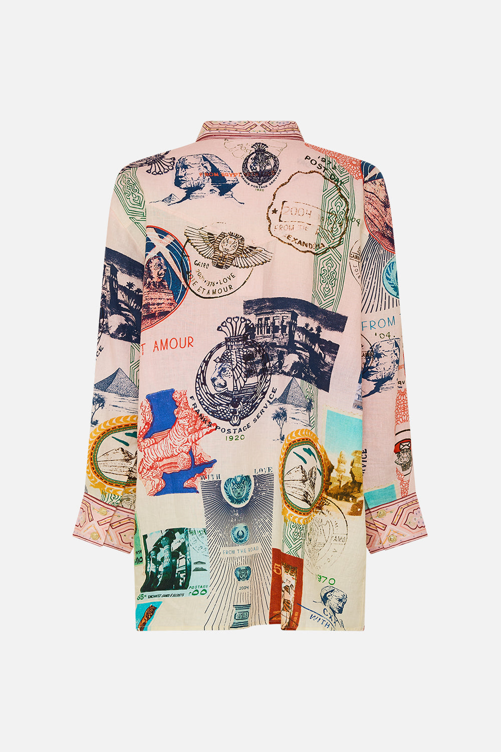 CAMILLA long line shirt with yoke and button detail in Haute Passport print. 