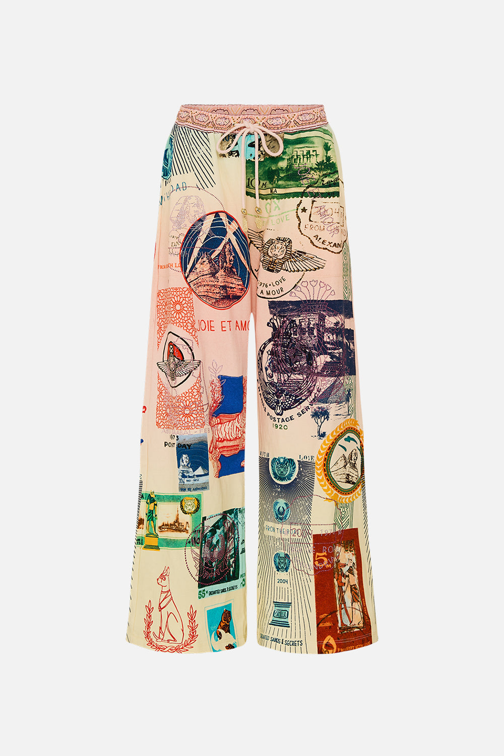 CAMILLA blush straight leg track pant in Haute Passport print. 