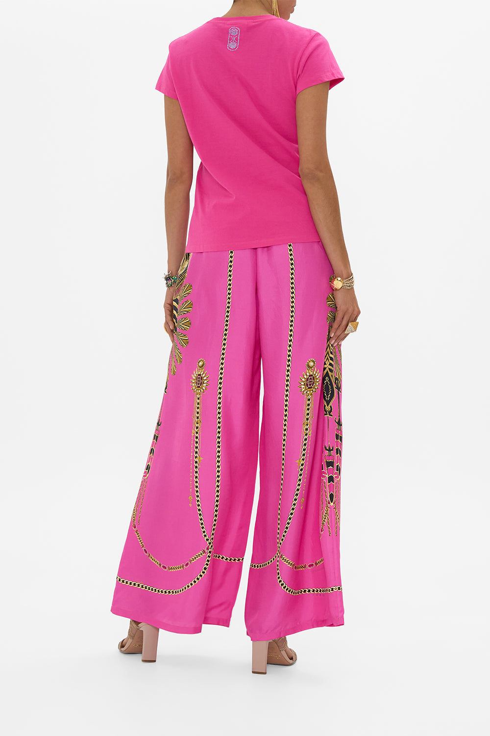 CAMILLA Hot Pink Slim Fit Round Neck T Shirt in Song Of The Scarab print. 