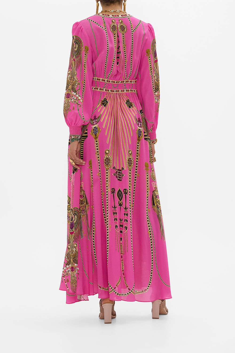 CAMILLA Button Dress With Shaped Waistband in Song Of The Scarab print. 