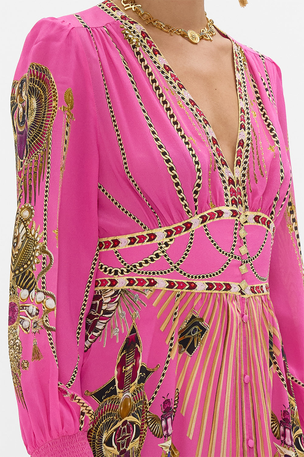 CAMILLA Button Dress With Shaped Waistband in Song Of The Scarab print. 