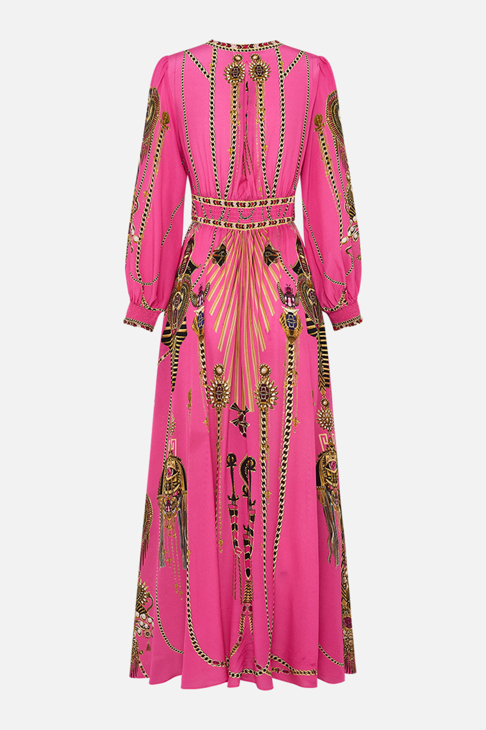 CAMILLA Button Dress With Shaped Waistband in Song Of The Scarab print. 