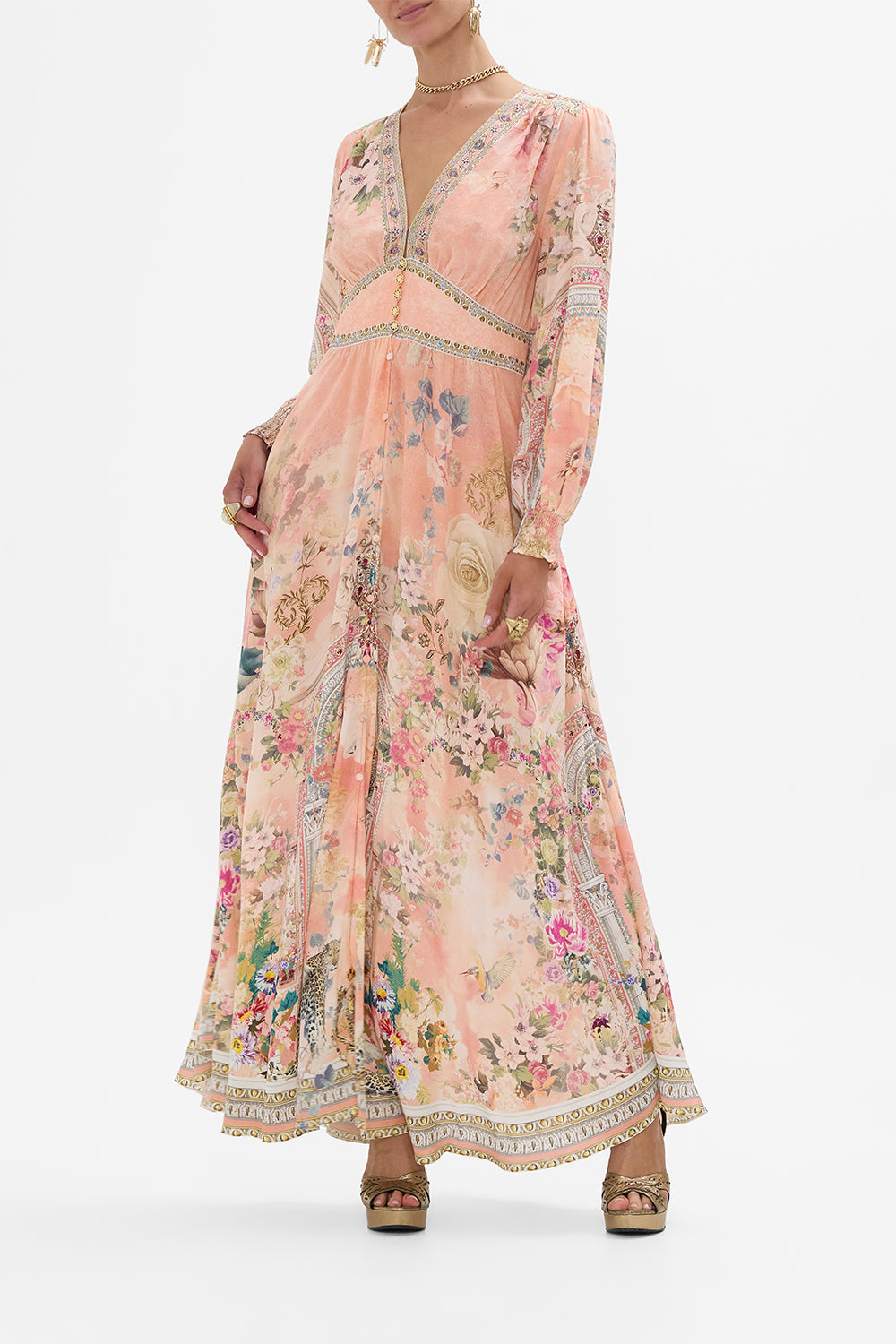 CAMILLA Button Dress With Shaped Waistband in The Jewellery Palace Print. 