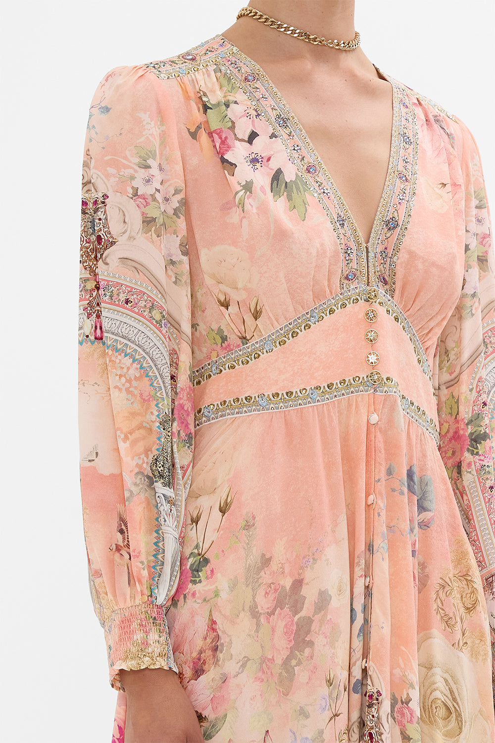 CAMILLA Button Dress With Shaped Waistband in The Jewellery Palace Print. 