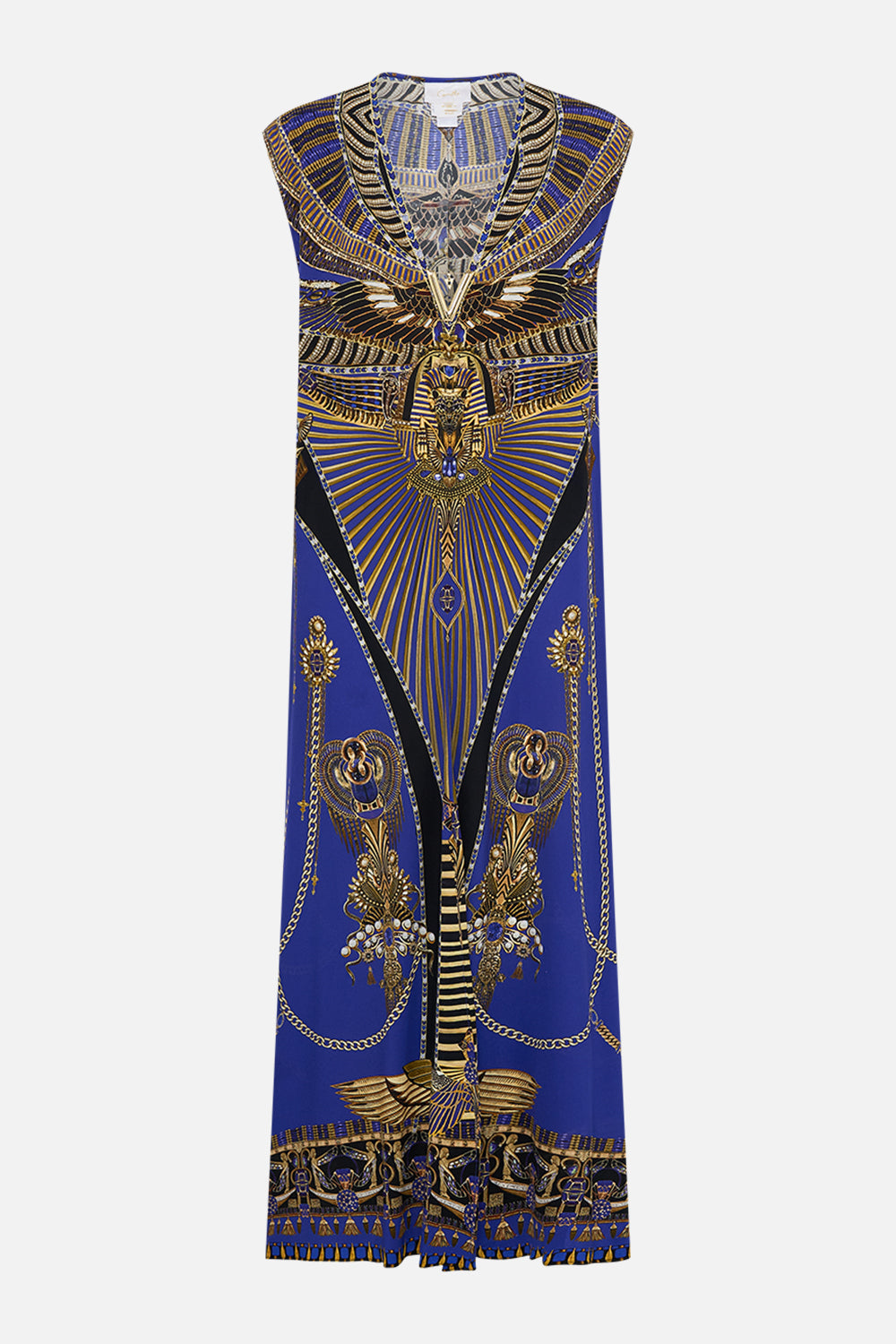 CAMILLA Sleeveless Drape Back Dress in My Fair Pharaoh print. 