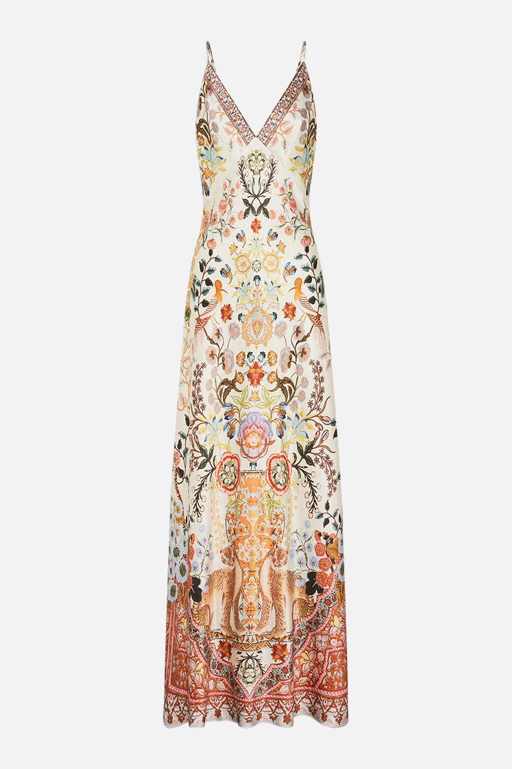 CAMILLA V Neck Long Bias Slip Dress with Train in Honour of Heirlooms print