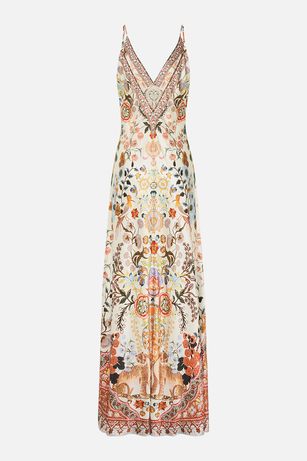 CAMILLA V Neck Long Bias Slip Dress with Train in Honour of Heirlooms print